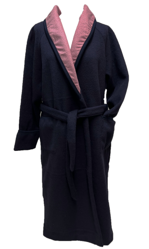 Robe de chambre laine des Pyrénées marine Feuilles vieux rose