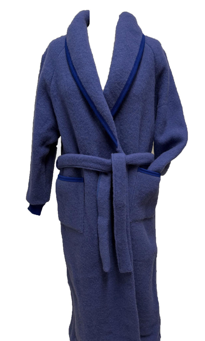 robe de chambre laine bleu col châle pour femme à bas prix