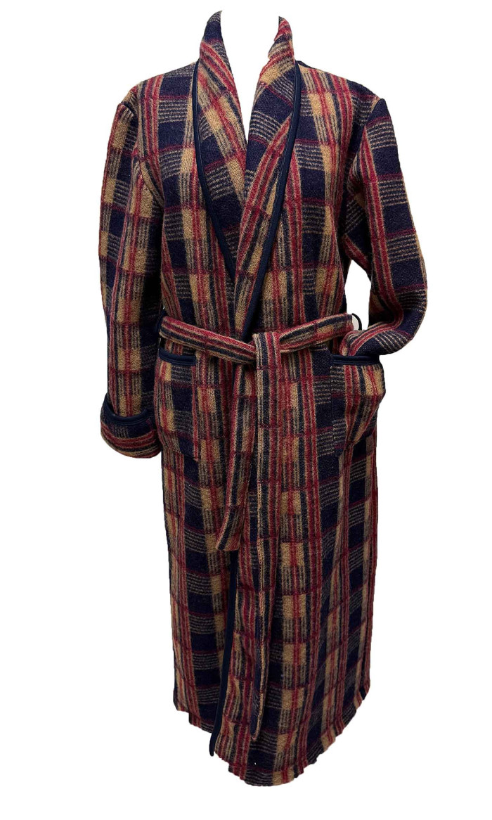 robe de chambre homme laine des Pyrénées écossais camel en stock
