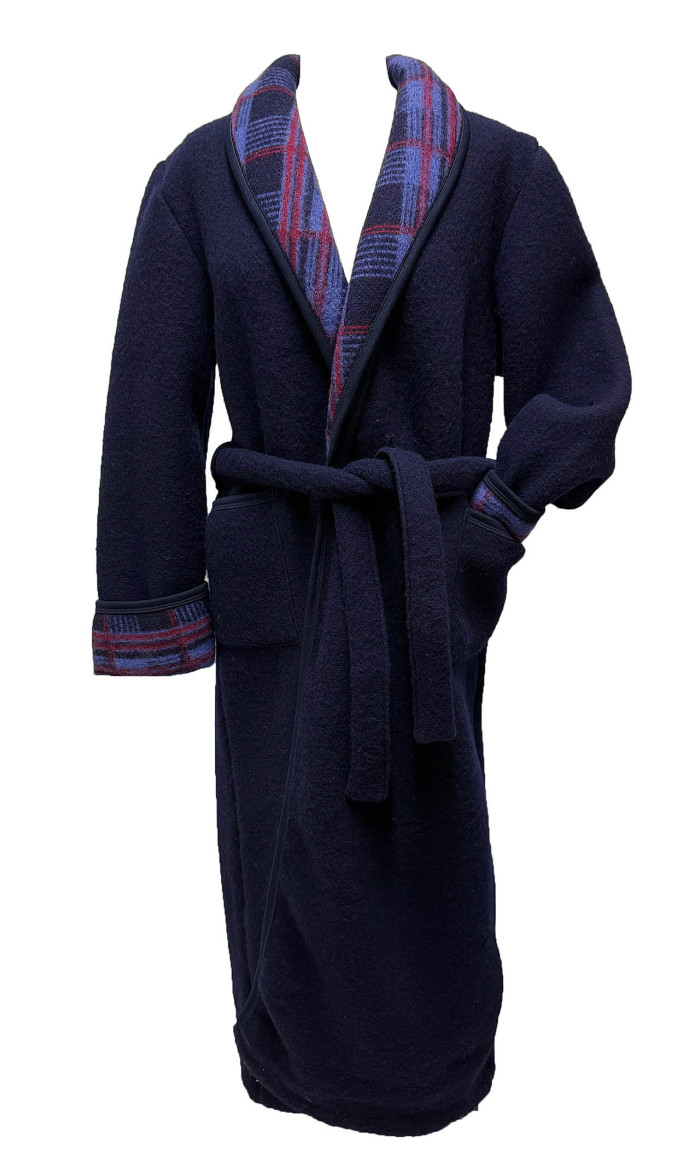 robe de chambre homme laine des Pyrénées marine col écossais bleu