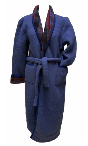 robe de chambre homme laine des Pyrénées bleu col écossais