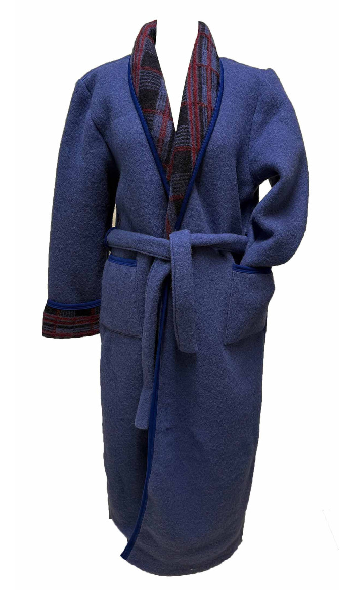 robe de chambre homme laine des Pyrénées bleu col écossais