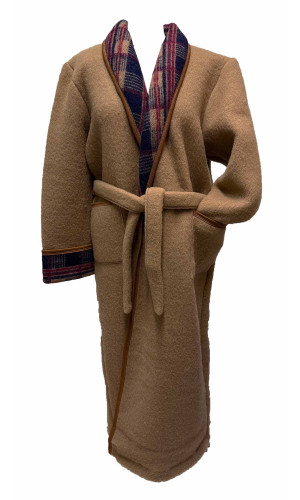 robe de chambre homme laine des Pyrénées camel col écossais en stock