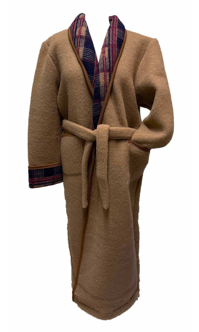 robe de chambre homme laine des Pyrénées camel col écossais en stock