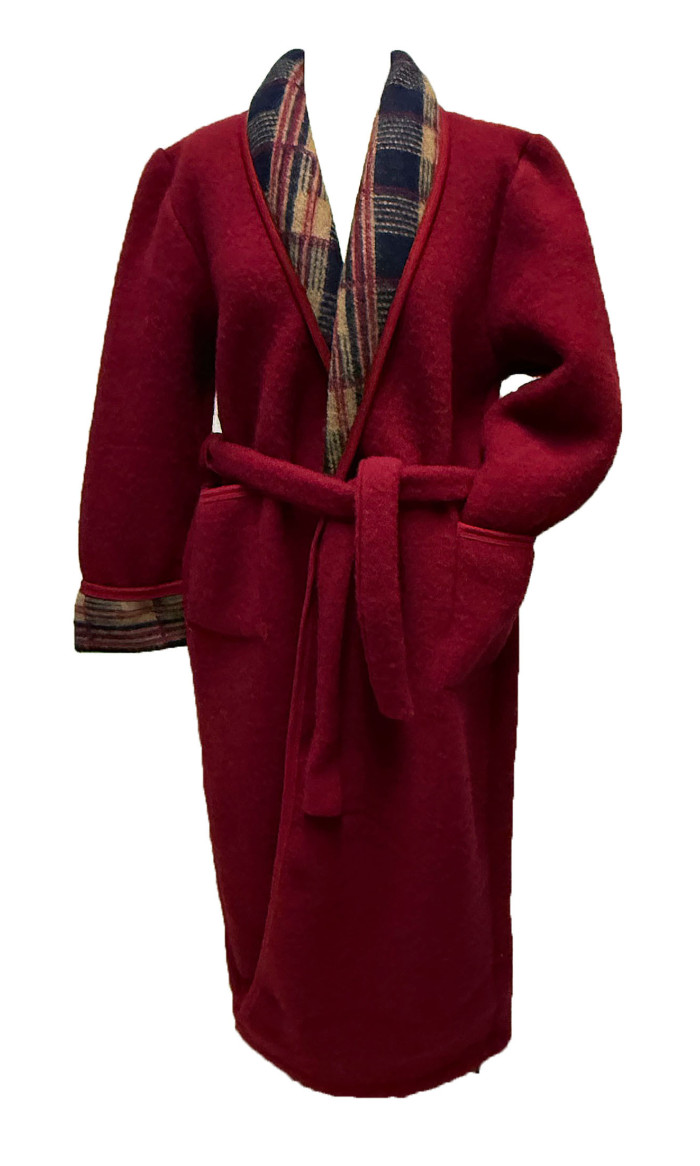 robe de chambre homme laine des Pyrénées rouge col écossais assorti