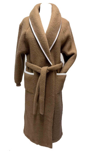 robe de chambre laine camel col châle poignets tricot pour femme