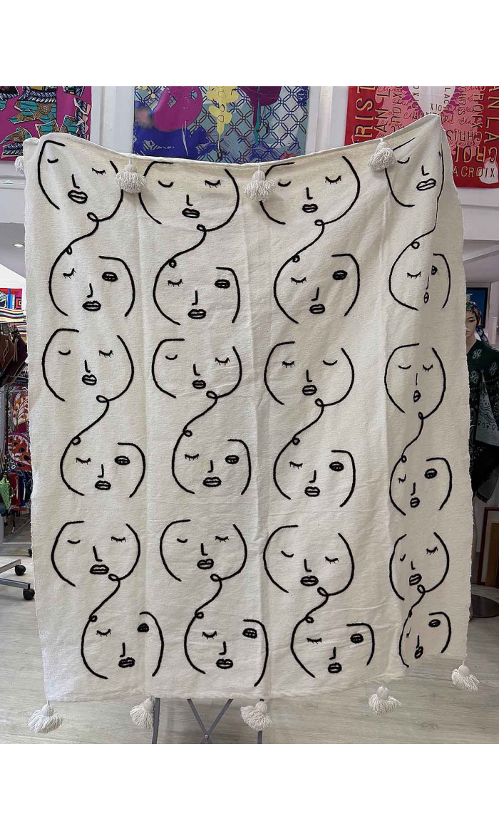 plaid coton blanc visages noirs brodés à la main
