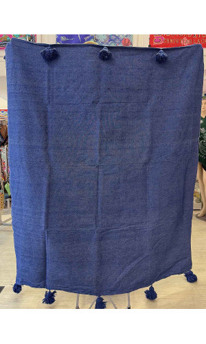 Plaid coton Pompons bleu 150x180 cm