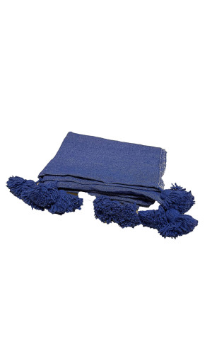 Plaid coton Pompons bleu 150x180 cm