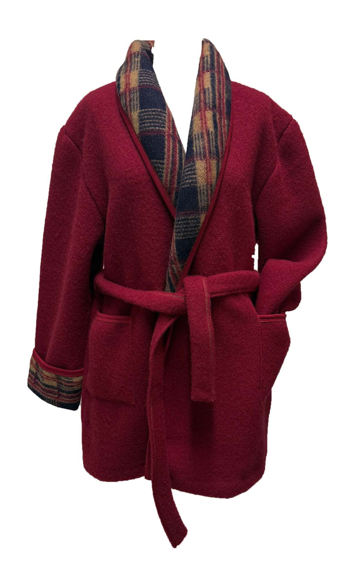 veston homme laine des Pyrénées rouge col écossais assorti